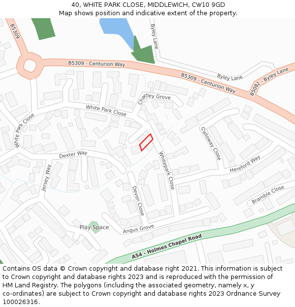 40, WHITE PARK CLOSE, MIDDLEWICH, CW10 9GD: Location map and indicative extent of plot