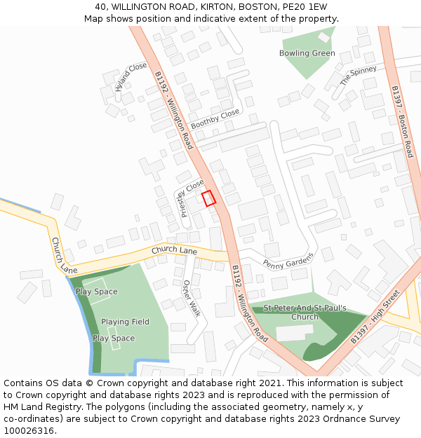 40, WILLINGTON ROAD, KIRTON, BOSTON, PE20 1EW: Location map and indicative extent of plot