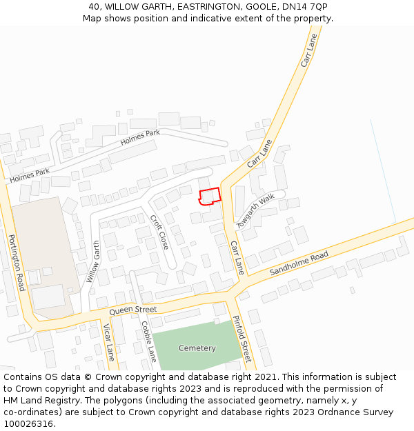 40, WILLOW GARTH, EASTRINGTON, GOOLE, DN14 7QP: Location map and indicative extent of plot