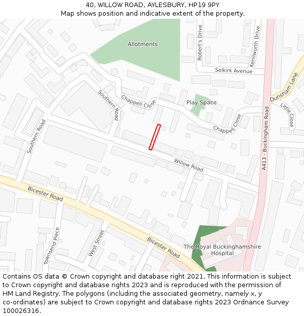 40, WILLOW ROAD, AYLESBURY, HP19 9PY: Location map and indicative extent of plot