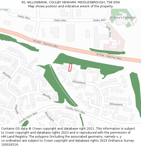 40, WILLOWBANK, COULBY NEWHAM, MIDDLESBROUGH, TS8 0SW: Location map and indicative extent of plot