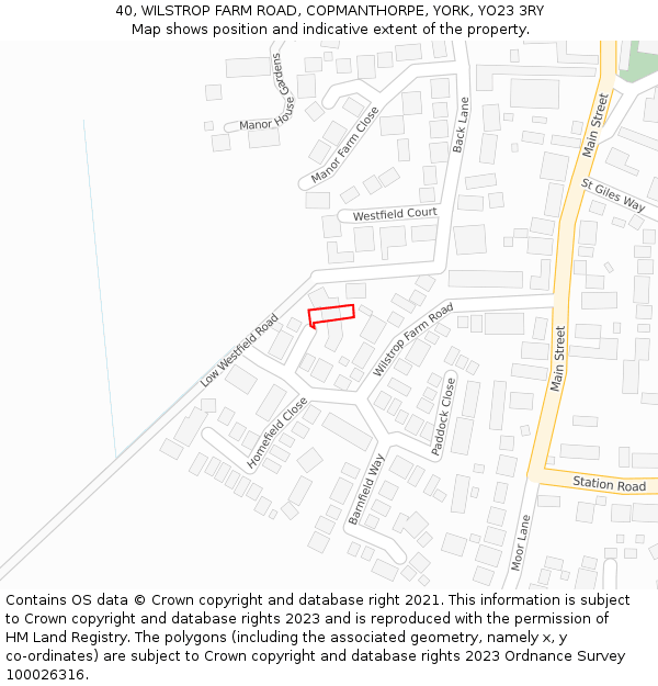 40, WILSTROP FARM ROAD, COPMANTHORPE, YORK, YO23 3RY: Location map and indicative extent of plot