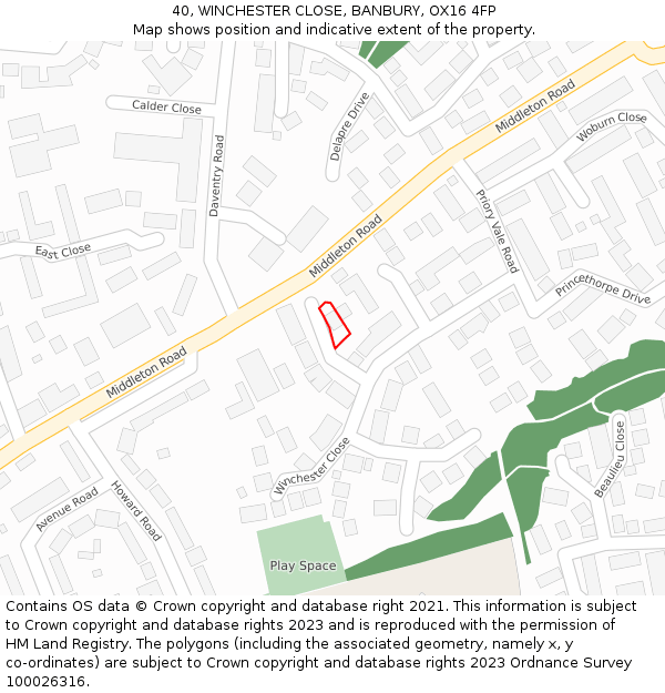 40, WINCHESTER CLOSE, BANBURY, OX16 4FP: Location map and indicative extent of plot