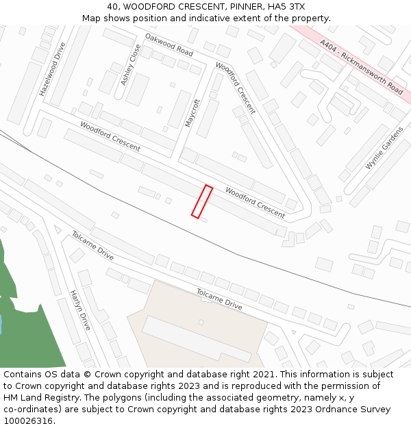 40, WOODFORD CRESCENT, PINNER, HA5 3TX: Location map and indicative extent of plot