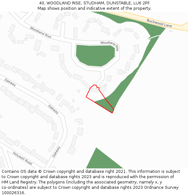 40, WOODLAND RISE, STUDHAM, DUNSTABLE, LU6 2PF: Location map and indicative extent of plot