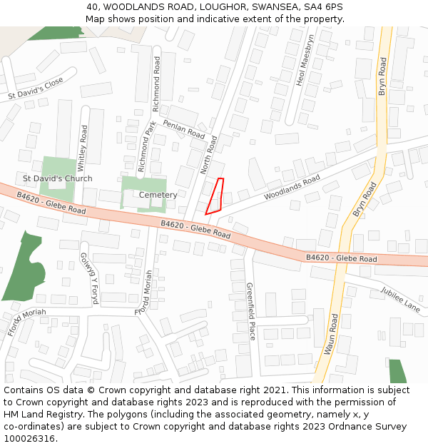 40, WOODLANDS ROAD, LOUGHOR, SWANSEA, SA4 6PS: Location map and indicative extent of plot