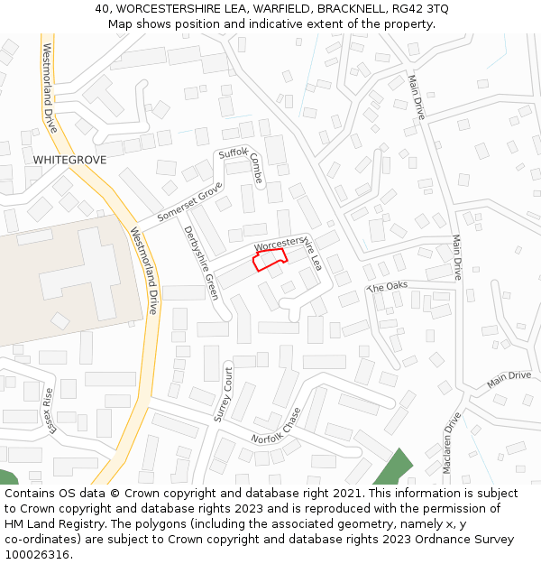 40, WORCESTERSHIRE LEA, WARFIELD, BRACKNELL, RG42 3TQ: Location map and indicative extent of plot