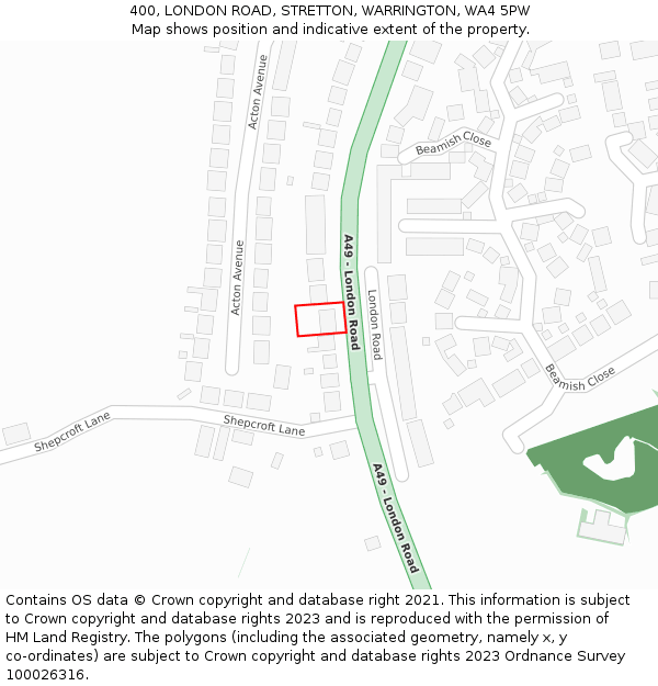 400, LONDON ROAD, STRETTON, WARRINGTON, WA4 5PW: Location map and indicative extent of plot