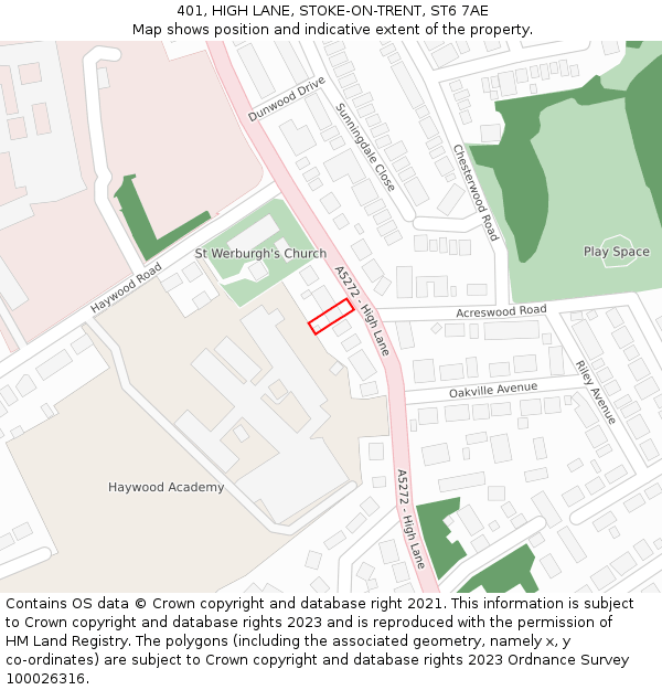 401, HIGH LANE, STOKE-ON-TRENT, ST6 7AE: Location map and indicative extent of plot