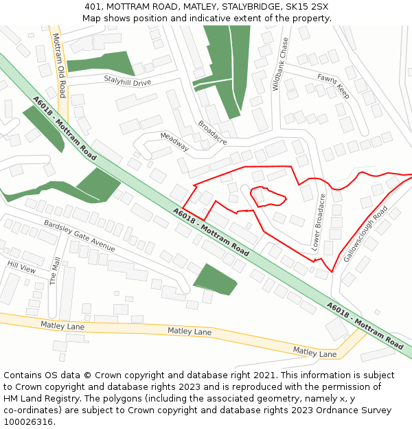 401, MOTTRAM ROAD, MATLEY, STALYBRIDGE, SK15 2SX: Location map and indicative extent of plot