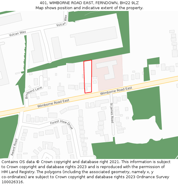 401, WIMBORNE ROAD EAST, FERNDOWN, BH22 9LZ: Location map and indicative extent of plot