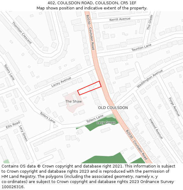 402, COULSDON ROAD, COULSDON, CR5 1EF: Location map and indicative extent of plot