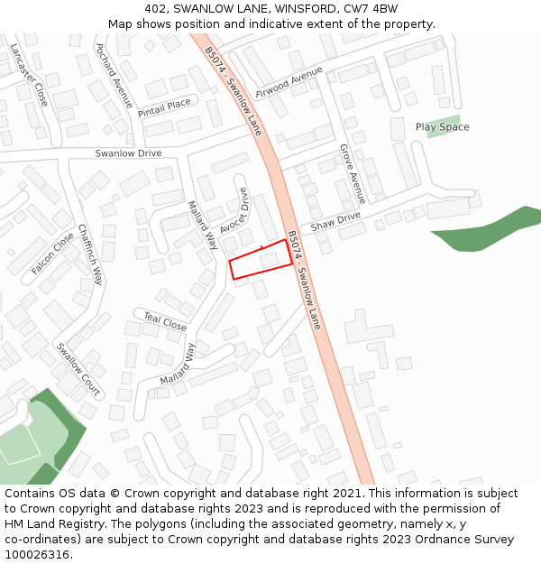 402, SWANLOW LANE, WINSFORD, CW7 4BW: Location map and indicative extent of plot