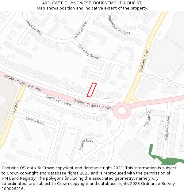 403, CASTLE LANE WEST, BOURNEMOUTH, BH8 9TJ: Location map and indicative extent of plot