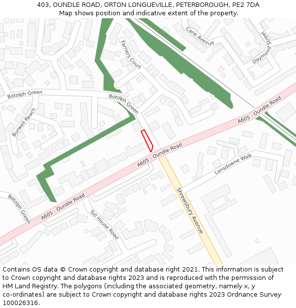 403, OUNDLE ROAD, ORTON LONGUEVILLE, PETERBOROUGH, PE2 7DA: Location map and indicative extent of plot