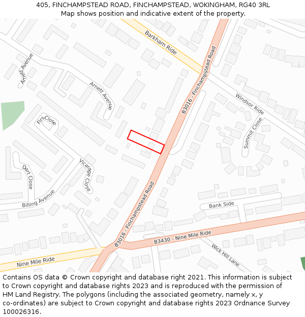 405, FINCHAMPSTEAD ROAD, FINCHAMPSTEAD, WOKINGHAM, RG40 3RL: Location map and indicative extent of plot