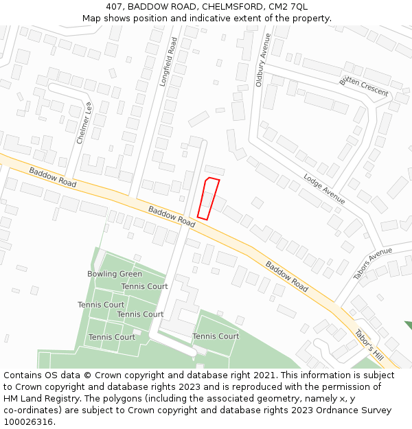 407, BADDOW ROAD, CHELMSFORD, CM2 7QL: Location map and indicative extent of plot