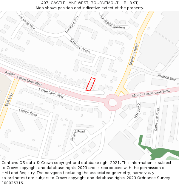 407, CASTLE LANE WEST, BOURNEMOUTH, BH8 9TJ: Location map and indicative extent of plot