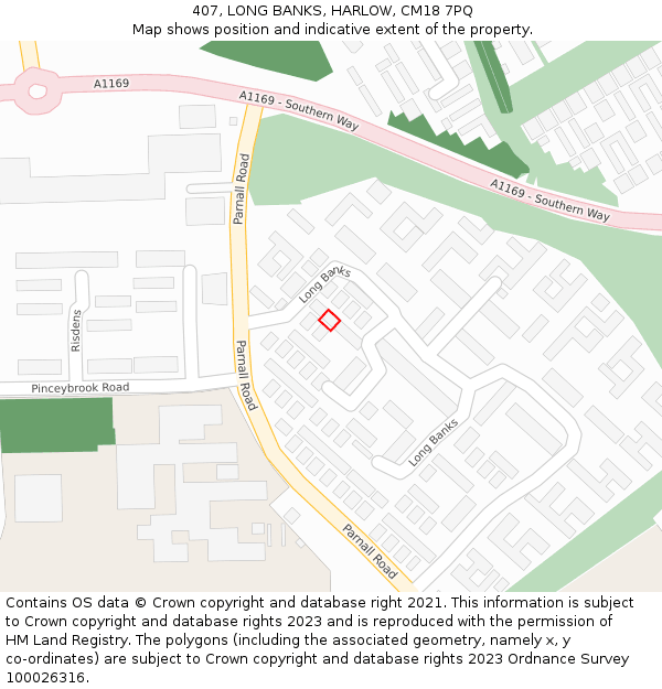 407, LONG BANKS, HARLOW, CM18 7PQ: Location map and indicative extent of plot