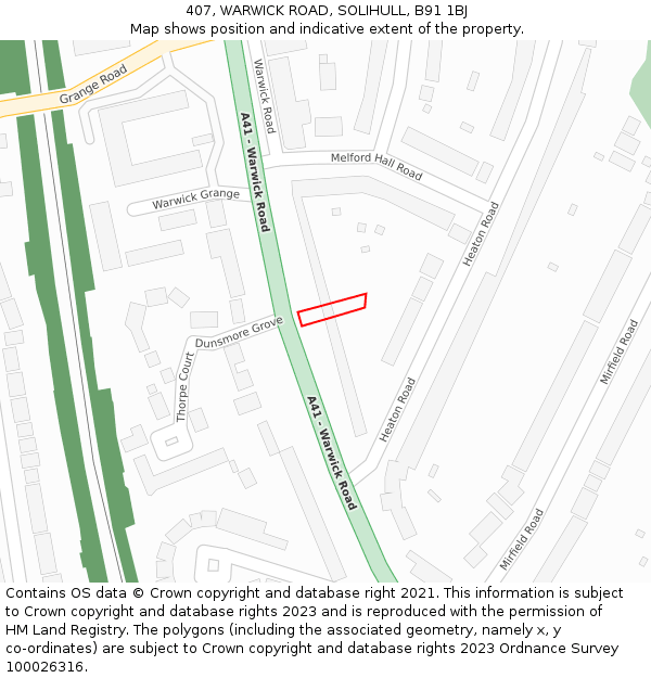 407, WARWICK ROAD, SOLIHULL, B91 1BJ: Location map and indicative extent of plot