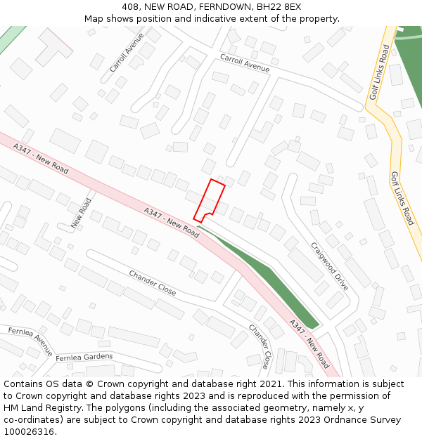 408, NEW ROAD, FERNDOWN, BH22 8EX: Location map and indicative extent of plot