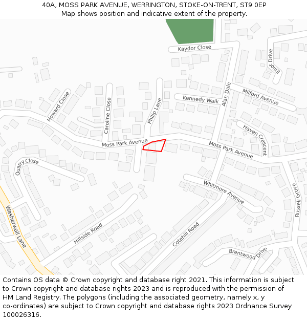 40A, MOSS PARK AVENUE, WERRINGTON, STOKE-ON-TRENT, ST9 0EP: Location map and indicative extent of plot