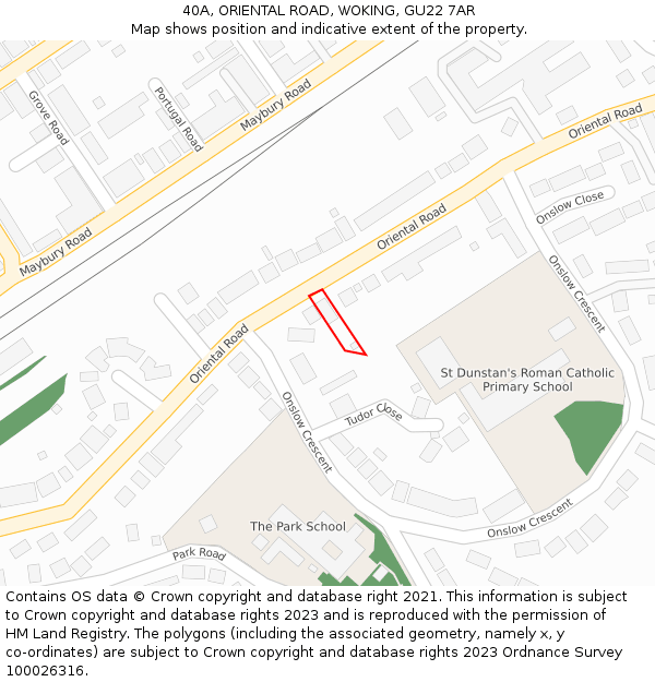 40A, ORIENTAL ROAD, WOKING, GU22 7AR: Location map and indicative extent of plot