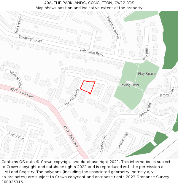 40A, THE PARKLANDS, CONGLETON, CW12 3DS: Location map and indicative extent of plot