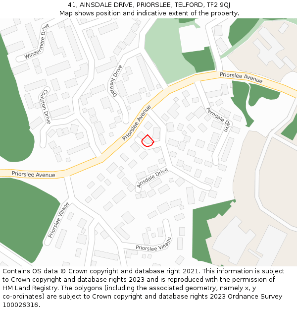 41, AINSDALE DRIVE, PRIORSLEE, TELFORD, TF2 9QJ: Location map and indicative extent of plot