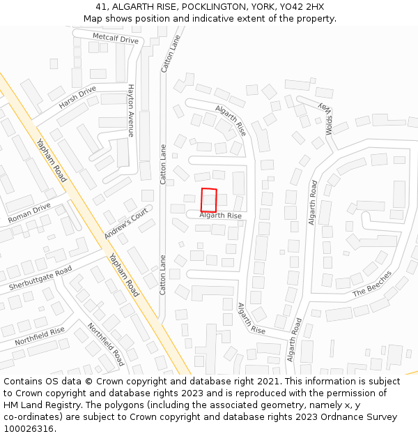 41, ALGARTH RISE, POCKLINGTON, YORK, YO42 2HX: Location map and indicative extent of plot