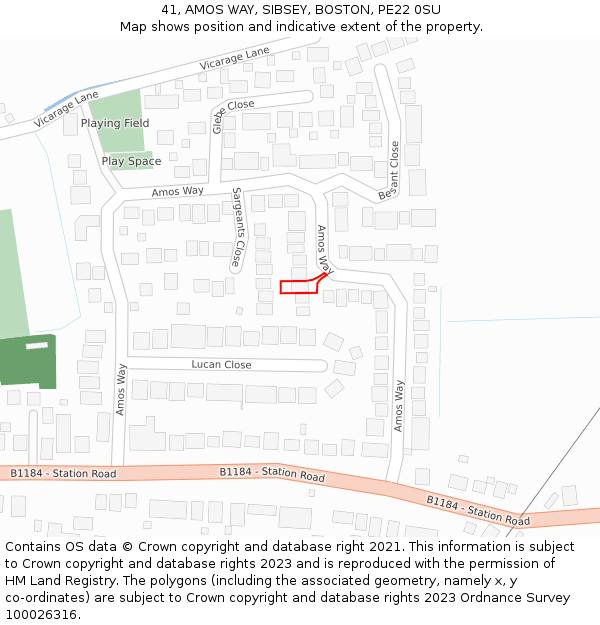 41, AMOS WAY, SIBSEY, BOSTON, PE22 0SU: Location map and indicative extent of plot