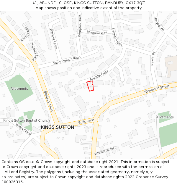 41, ARUNDEL CLOSE, KINGS SUTTON, BANBURY, OX17 3QZ: Location map and indicative extent of plot