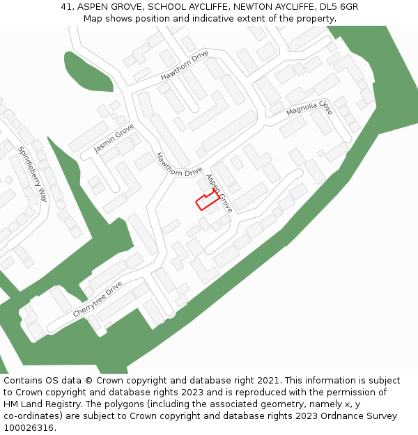 41, ASPEN GROVE, SCHOOL AYCLIFFE, NEWTON AYCLIFFE, DL5 6GR: Location map and indicative extent of plot