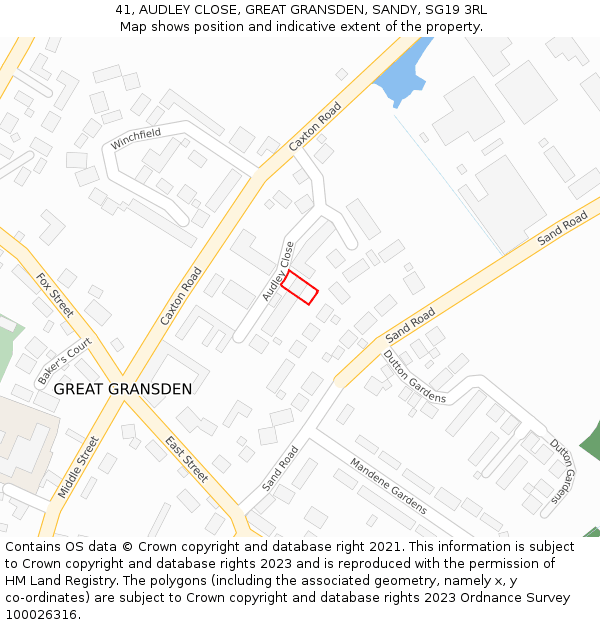 41, AUDLEY CLOSE, GREAT GRANSDEN, SANDY, SG19 3RL: Location map and indicative extent of plot