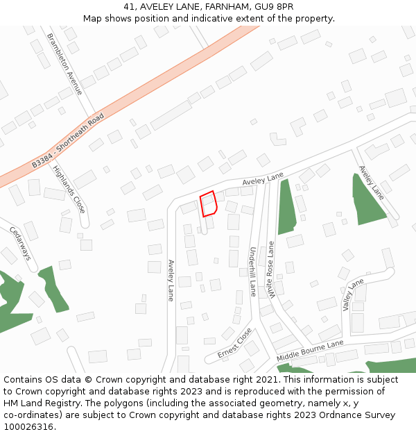 41, AVELEY LANE, FARNHAM, GU9 8PR: Location map and indicative extent of plot