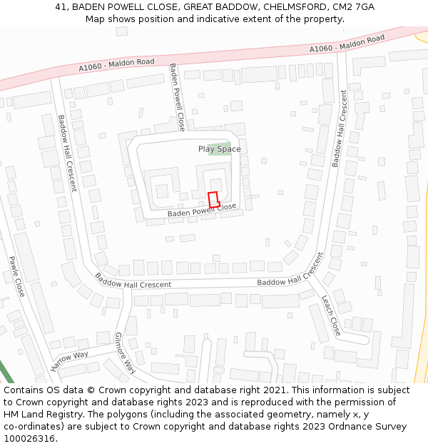 41, BADEN POWELL CLOSE, GREAT BADDOW, CHELMSFORD, CM2 7GA: Location map and indicative extent of plot
