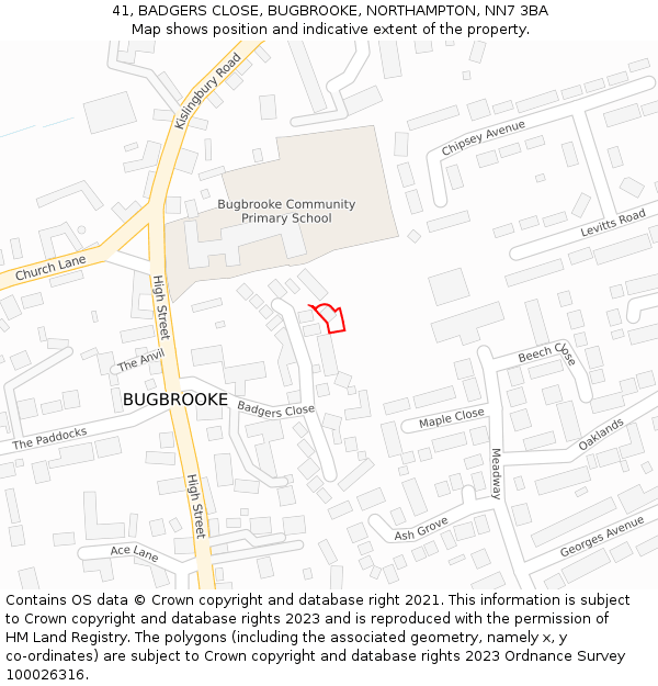 41, BADGERS CLOSE, BUGBROOKE, NORTHAMPTON, NN7 3BA: Location map and indicative extent of plot