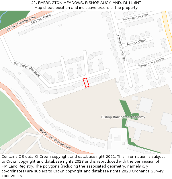 41, BARRINGTON MEADOWS, BISHOP AUCKLAND, DL14 6NT: Location map and indicative extent of plot