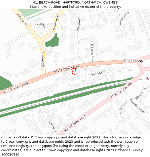 41, BEACH ROAD, HARTFORD, NORTHWICH, CW8 4BB: Location map and indicative extent of plot