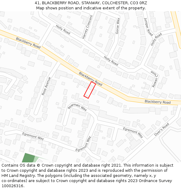 41, BLACKBERRY ROAD, STANWAY, COLCHESTER, CO3 0RZ: Location map and indicative extent of plot