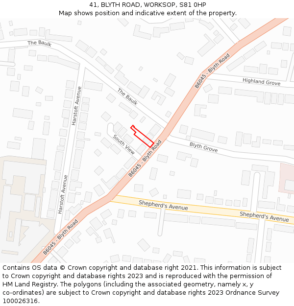 41, BLYTH ROAD, WORKSOP, S81 0HP: Location map and indicative extent of plot