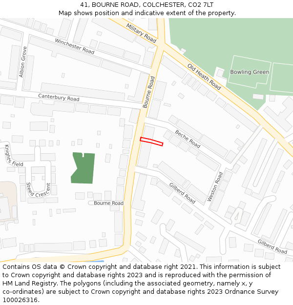 41, BOURNE ROAD, COLCHESTER, CO2 7LT: Location map and indicative extent of plot