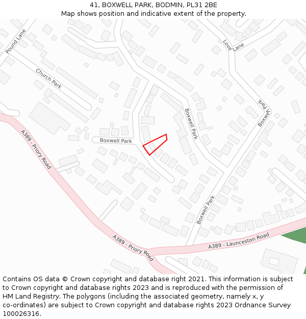 41, BOXWELL PARK, BODMIN, PL31 2BE: Location map and indicative extent of plot