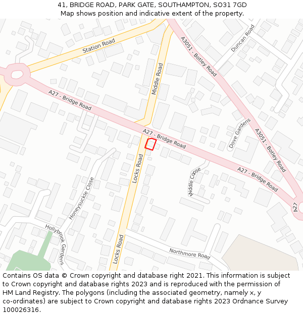 41, BRIDGE ROAD, PARK GATE, SOUTHAMPTON, SO31 7GD: Location map and indicative extent of plot