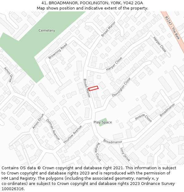 41, BROADMANOR, POCKLINGTON, YORK, YO42 2GA: Location map and indicative extent of plot