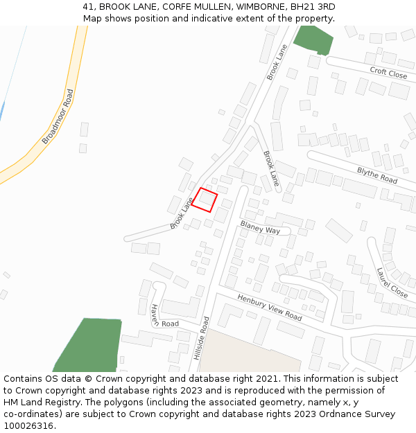 41, BROOK LANE, CORFE MULLEN, WIMBORNE, BH21 3RD: Location map and indicative extent of plot