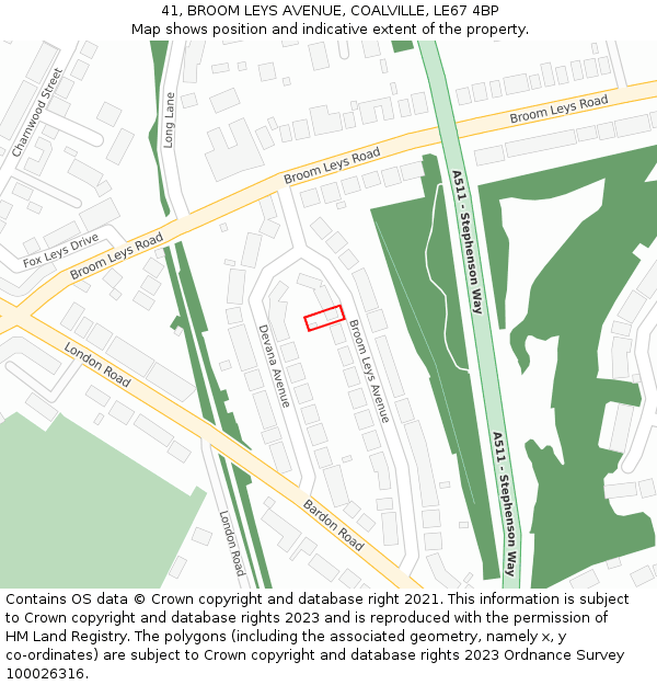 41, BROOM LEYS AVENUE, COALVILLE, LE67 4BP: Location map and indicative extent of plot