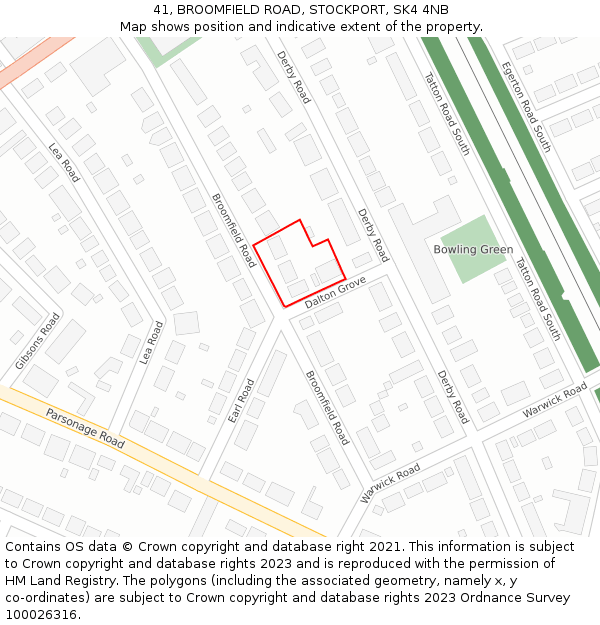 41, BROOMFIELD ROAD, STOCKPORT, SK4 4NB: Location map and indicative extent of plot