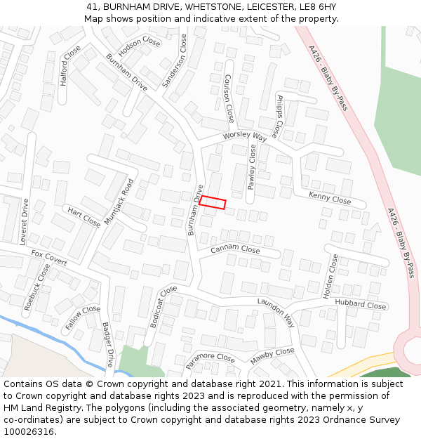 41, BURNHAM DRIVE, WHETSTONE, LEICESTER, LE8 6HY: Location map and indicative extent of plot