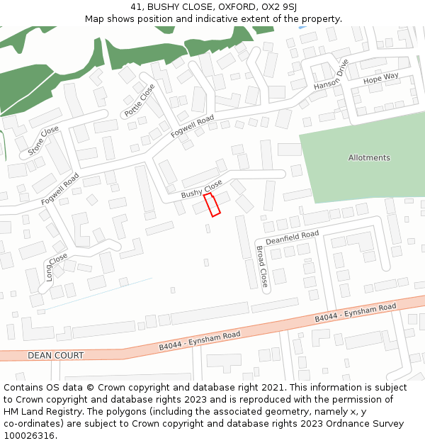 41, BUSHY CLOSE, OXFORD, OX2 9SJ: Location map and indicative extent of plot